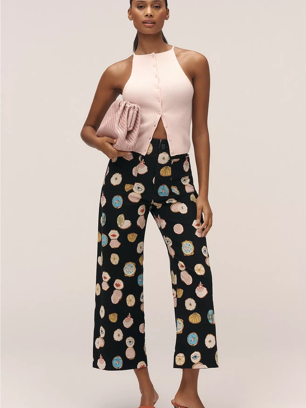 Maeve Black Wide-Leg Printed Pants with Multicolor Medallions